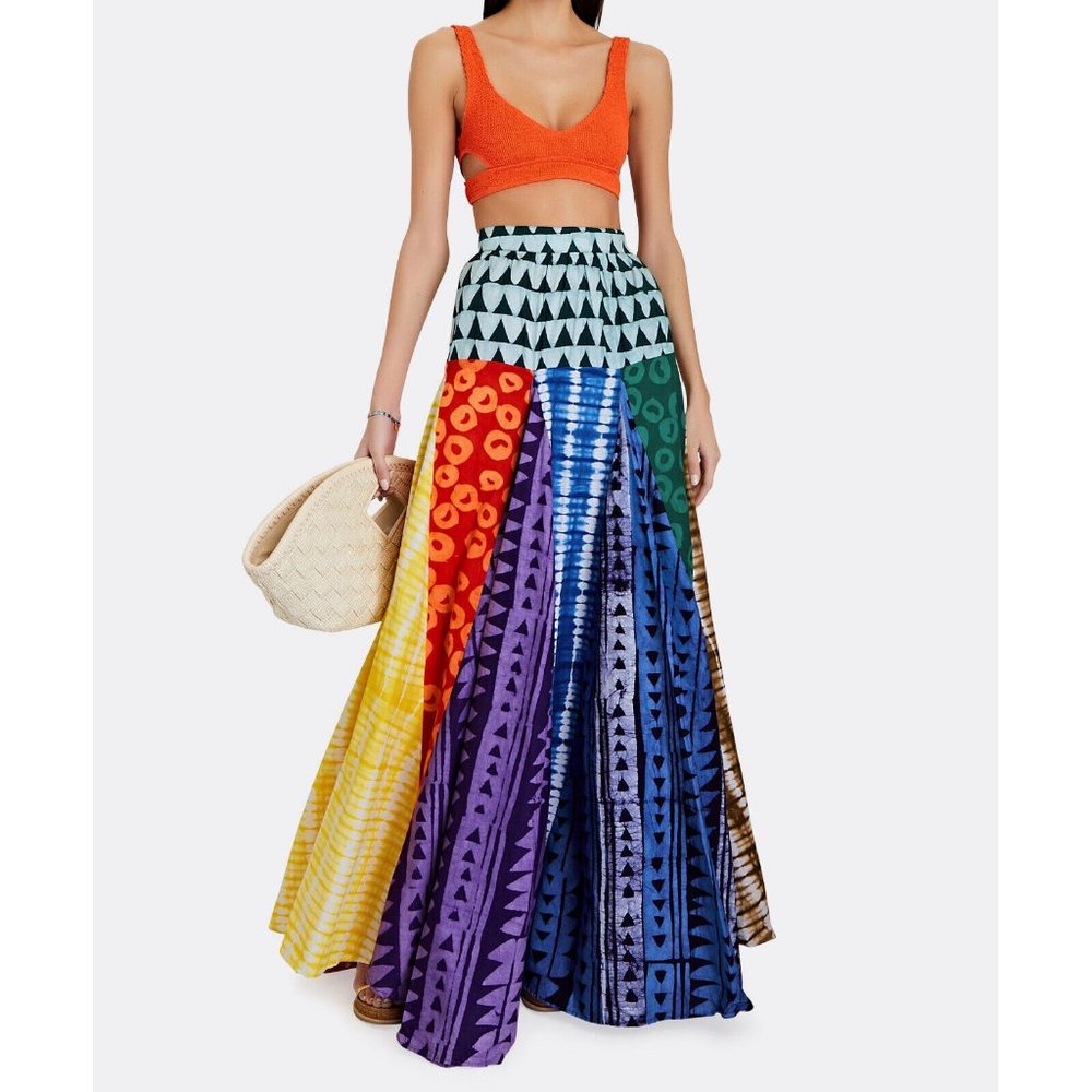 NWT Studio 189 Alicia Batik Maxi Skirt Cotton Pleated Rainbow Stripe Tie Dye S